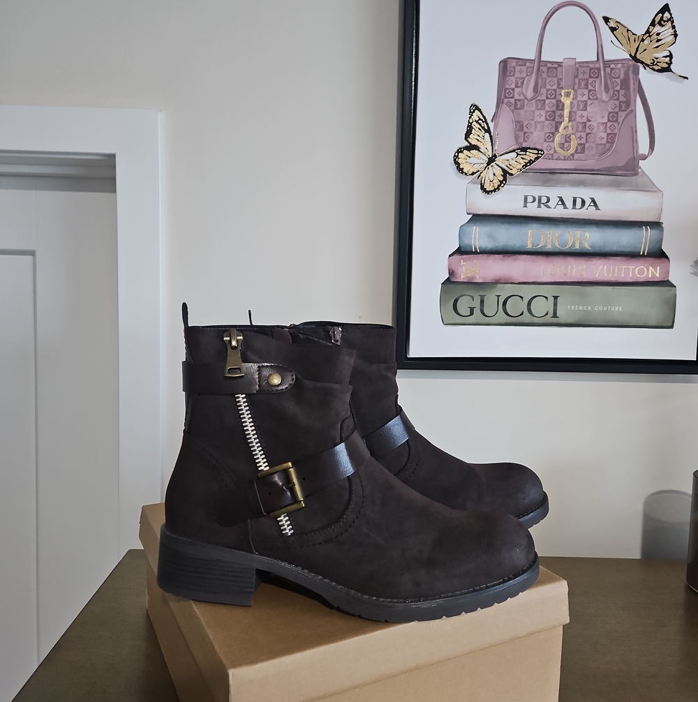 Women’s Dark Brown Suede Ankle Boots with Buckle